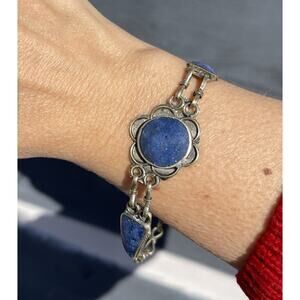 VTG Silver Tone Lapis Lazuli Look Station Link Bracelet Southwest Native Style